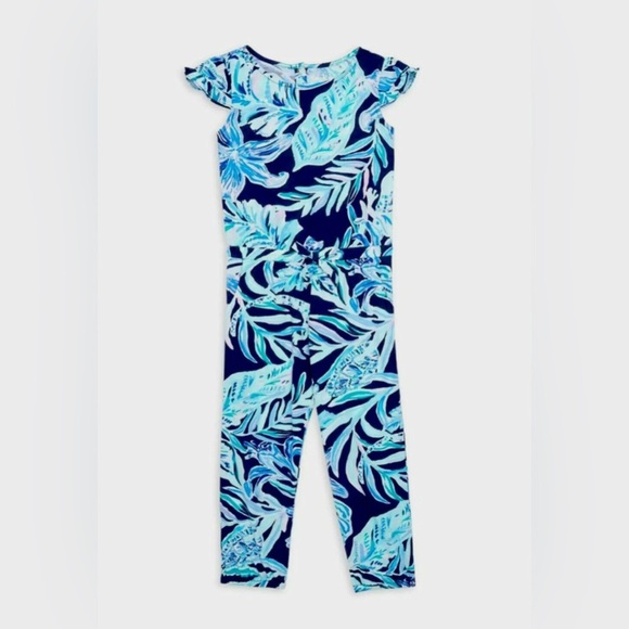 Lilly Pulitzer Odessa Jumpsuit Girls High Tide Navy Blue Floral Romper Jumpsuit - Picture 4 of 9